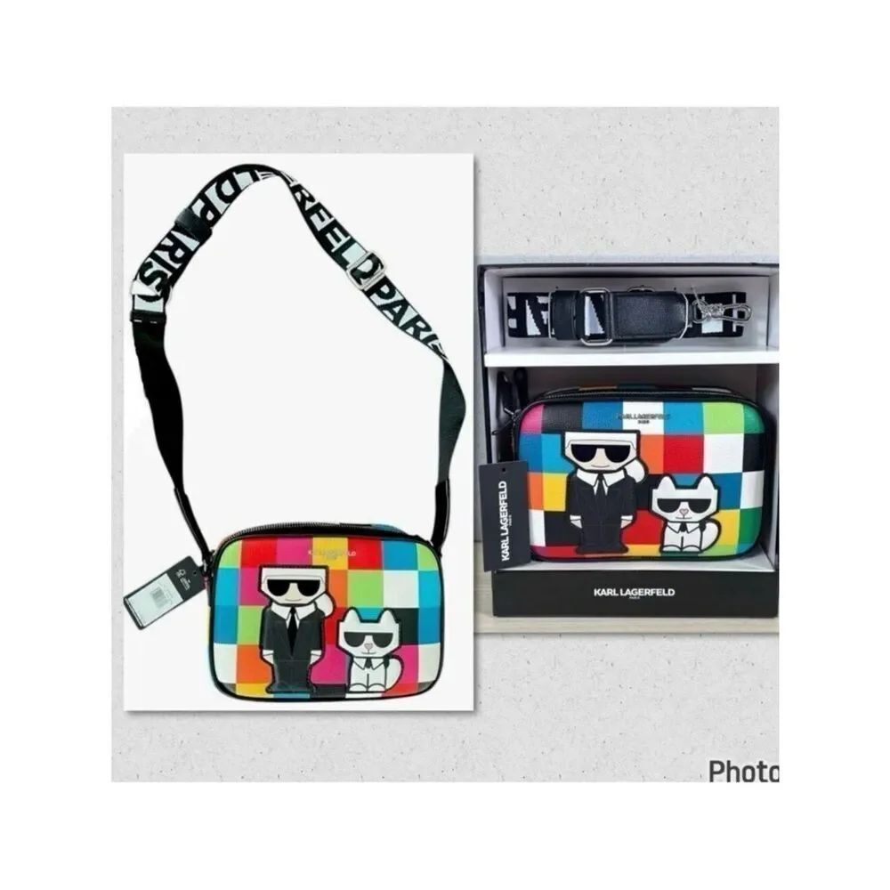 NWT Rare KARL LAGERFELD Cat Maybelle Camera Multi Color Crossbody Bag Gift  Box